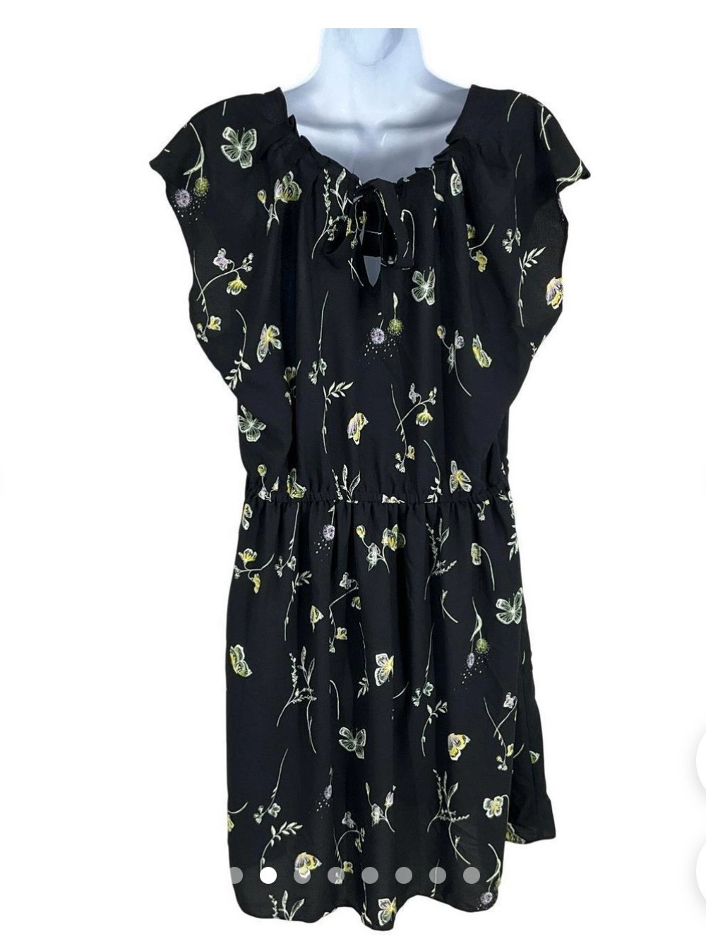 Black Floral Tie-Neck Casual Dress